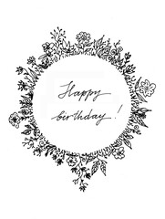 decorative frame with floral elements isolated on white background. black pen Hand drawing 