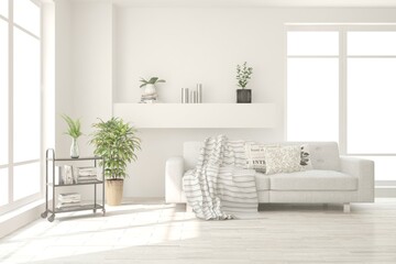 White living room with sofa. Scandinavian interior design. 3D illustration