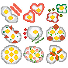 A set of nine food items made up of pixels. Fried eggs with vegetables, bacon, sausage, and more. Old graphics, interesting images for games, websites, restaurant menus, and more.