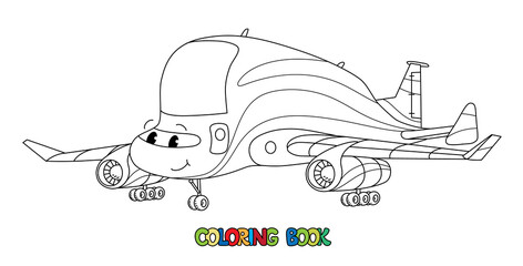Funny cargo plane with eyes. Coloring book