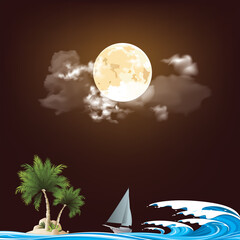 Luxury yacht sailing to remote desert island with high ocean waves set against a full moon night sky
