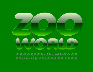 Vector eco sign Zoo World. Glossy Green Font. Modern Alphabet Letters and Numbers set