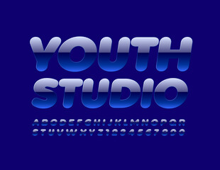 Vector trendy logo Youth Studio. Bright modern Font. Glossy Blue Alphabet Letters and Numbers set