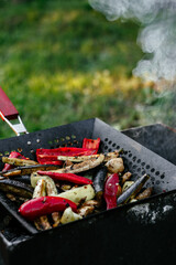 Eggplants, mushrooms, bell peppers in a grill pan on the grill. Grilled vegetables