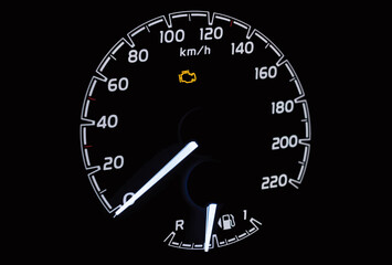 Malfunction check engine warning light on car dashboard. Vector illustration of side view of modern car instrument panel with speedometer and fuel gauge.