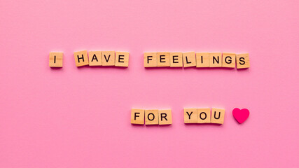 Words "I have feelings for you" on a pink paper background. Can be used as greeting card for wedding, anniversary, Women's Day or Valentine's Day.