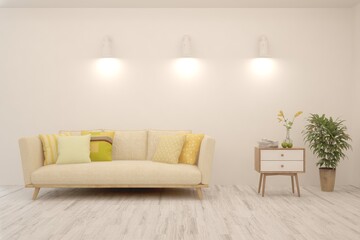 White living room with sofa. Scandinavian interior design. 3D illustration