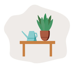 Watering can and flower in a pot on the table.Vector flat illustration.