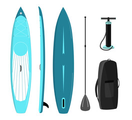 Paddle board set of objects isolated illustration.