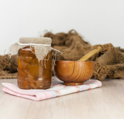 Apple jam in glass jars. Home canned food. Homemade treat