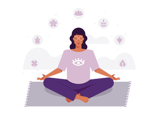 Colorful illustration with woman siting in yoga lotus pose and meditates. Practicing yoga. Young and happy girl meditates. Soft, pastel colors. - 375612300