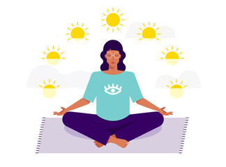 Colorful illustration with woman siting in yoga lotus pose and meditates. Practicing yoga and holding the sunrise stages. Young and happy girl meditates. - 375612304