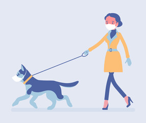 Woman walking with dog under quarantine both wearing masks. Pet owner taking puppy for walk, following infection protection measures and restrictions from virus. Vector flat style cartoon illustration