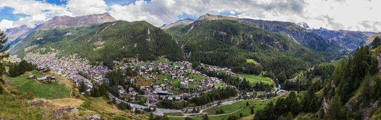 Fototapeta na wymiar Panorama of Zermatt village, Switzerland, from above, with mountains during summer