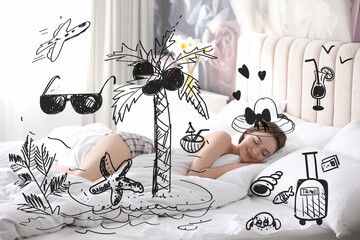 Young girl dreaming about travel while sleeping. Vacation related illustrations on foreground