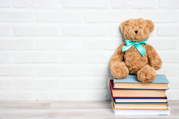 Toy bear with stack of book on a white brick wall.