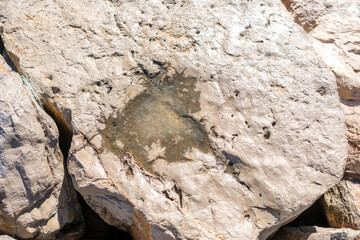 Closeup on rock rough natural mineral stone background, top view.
