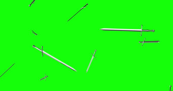 Medieval steel swords falling from sky on a green screen chroma key background. Concept of fight, weapon , warrior , kingdom, combat and battle.