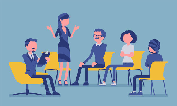 Support group meeting, medical and professional program. Community members brainstorming, patients sharing coping problems, ideas to feel more happy, confident. Vector creative stylized illustration