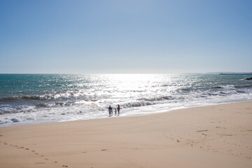 Back view of young family looking to the sea on sunny blue sky outdoors background.