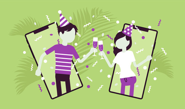 Happy Pair Hosting Online Party, Gathering To Celebrate By Smartphone. Man, Woman Using Mobile Phone App To Meet, Hang Out, Virtual Date Event On Home Isolation. Vector Creative Stylized Illustration