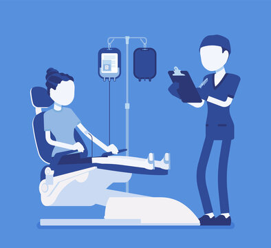 Blood donation for medical bank, female donor or patient transfusion. Male doctor and young healthy happy volunteer donator on appointment in clinic laboratory. Vector creative stylized illustration