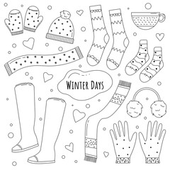 Doodle style hand drawn set of winter cozy things: hat, scarf, mittens, headphones, socks isolated on white background. 