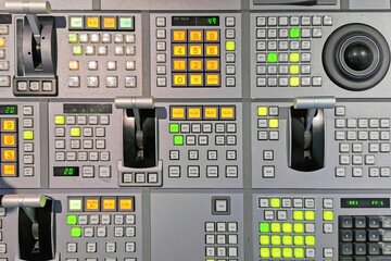 Switcher buttons in studio TV station, Audio and Video Production Switcher of Television Broadcast.