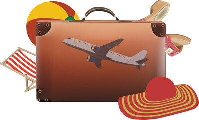 leather suitcase with objects for summer vacation and airplane figure inside