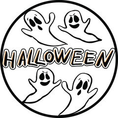 Four ghosts with the word halloween.