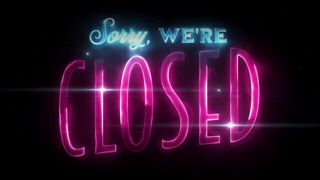 Neon Scifi Sorry We're Closed Sign Animation/ 4k animation of a neon hi-tech and eighties retro design we are closed sign clip with optical flares effects