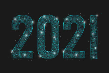 Abstract isolated blue image of new year number 2021. Polygonal low poly wireframe illustration looks like stars in the blask night sky in spase or flying glass shards. Digital web, internet design. © Katsiaryna