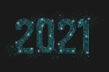 Abstract isolated blue image of new year number 2021. Polygonal low poly wireframe illustration looks like stars in the blask night sky in spase or flying glass shards. Digital web, internet design. © Katsiaryna
