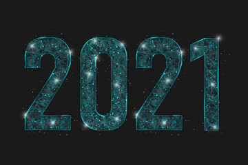 Abstract isolated blue image of new year number 2021. Polygonal low poly wireframe illustration looks like stars in the blask night sky in spase or flying glass shards. Digital web, internet design. © Katsiaryna