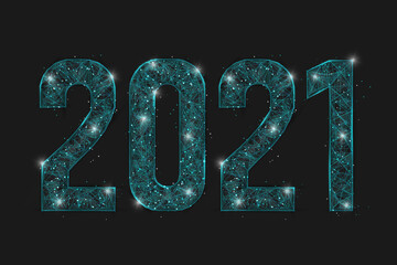 Abstract isolated blue image of new year number 2021. Polygonal low poly wireframe illustration looks like stars in the blask night sky in spase or flying glass shards. Digital web, internet design. © Katsiaryna