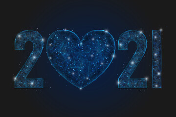Abstract isolated blue image of new year number 2021. Polygonal low poly wireframe illustration looks like stars in the blask night sky in spase or flying glass shards. Digital web, internet design. © Katsiaryna