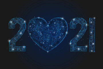 Abstract isolated blue image of new year number 2021. Polygonal low poly wireframe illustration looks like stars in the blask night sky in spase or flying glass shards. Digital web, internet design. © Katsiaryna