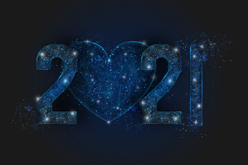 Abstract isolated blue image of new year number 2021. Polygonal low poly wireframe illustration looks like stars in the blask night sky in spase or flying glass shards. Digital web, internet design. © Katsiaryna