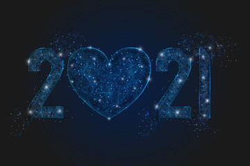 Abstract isolated blue image of new year number 2021. Polygonal low poly wireframe illustration looks like stars in the blask night sky in spase or flying glass shards. Digital web, internet design. © Katsiaryna