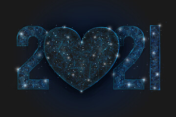 Abstract isolated blue image of new year number 2021. Polygonal low poly wireframe illustration looks like stars in the blask night sky in spase or flying glass shards. Digital web, internet design. © Katsiaryna