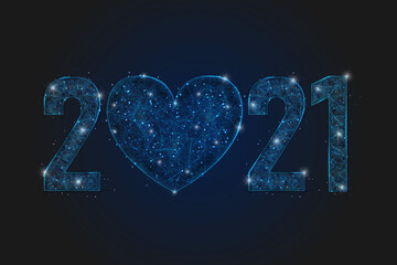 Abstract isolated blue image of new year number 2021. Polygonal low poly wireframe illustration looks like stars in the blask night sky in spase or flying glass shards. Digital web, internet design. © Katsiaryna