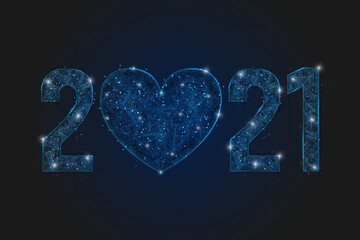 Abstract isolated blue image of new year number 2021. Polygonal low poly wireframe illustration looks like stars in the blask night sky in spase or flying glass shards. Digital web, internet design. © Katsiaryna
