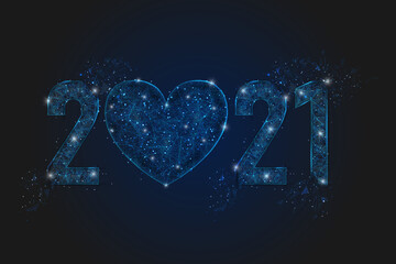 Abstract isolated blue image of new year number 2021. Polygonal low poly wireframe illustration looks like stars in the blask night sky in spase or flying glass shards. Digital web, internet design. © Katsiaryna