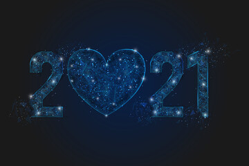 Abstract isolated blue image of new year number 2021. Polygonal low poly wireframe illustration looks like stars in the blask night sky in spase or flying glass shards. Digital web, internet design. © Katsiaryna
