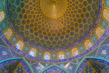 Sheikh Lotfollah Mosque at Naqhsh-e Jahan Square in Isfahan, Iran. Ceiling view.