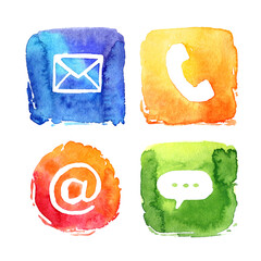 Icons pictogram phone social call letter e-mail messenger blot stain multicolored set watercolor paint