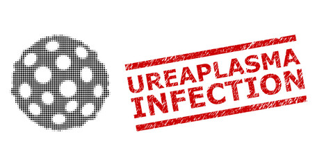 Bacterium spore halftone dotted vector and Ureaplasma Infection rubber seal. Seal includes Ureaplasma Infection text between parallel lines. - obrazy, fototapety, plakaty