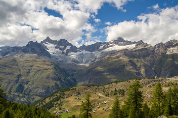 Fototapeta na wymiar Landscape of Switzerland with mountain range and forest near Zermatt, Valais canton