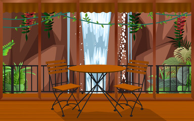 wood table and chair in indoor cafe and restaurant with waterfall background