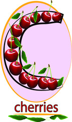 red cherries, letter c.